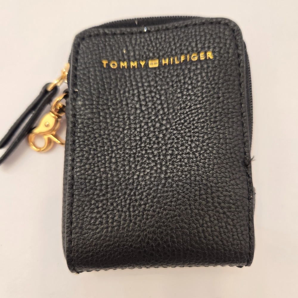 Tommy Hilfiger Black Leather Zip Coin Card Wallet Wristlet Gold Hardware